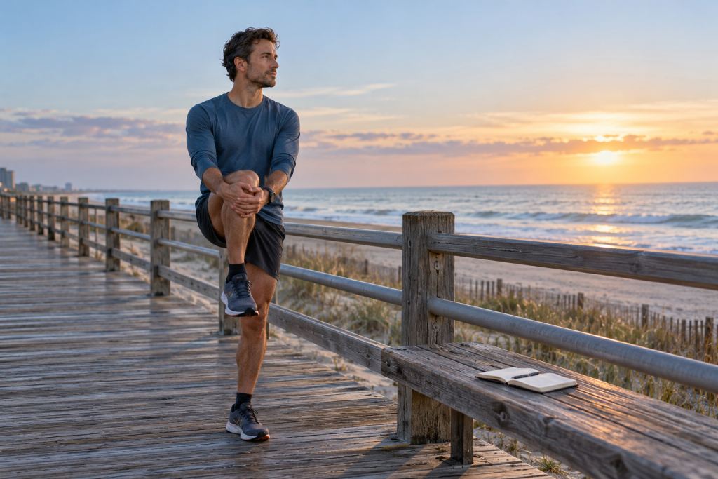 Runner taking a planned cutback week on a quiet coastal boardwalk