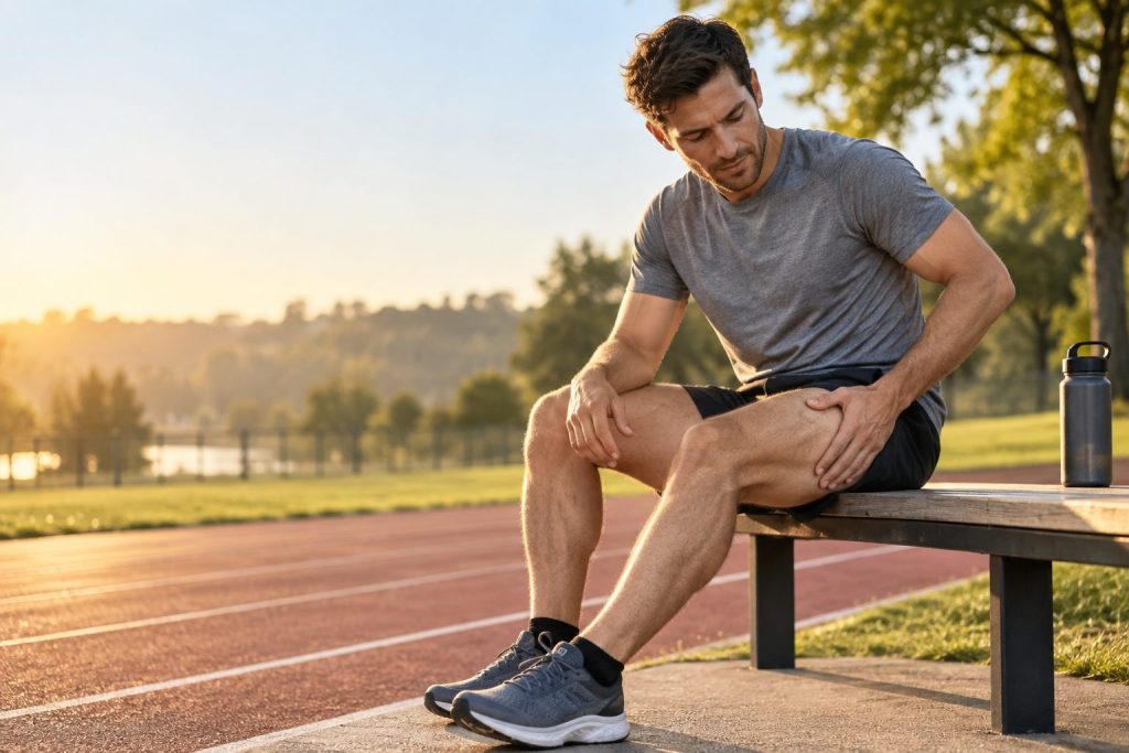 Runner checking quadriceps soreness after a run beside an outdoor track