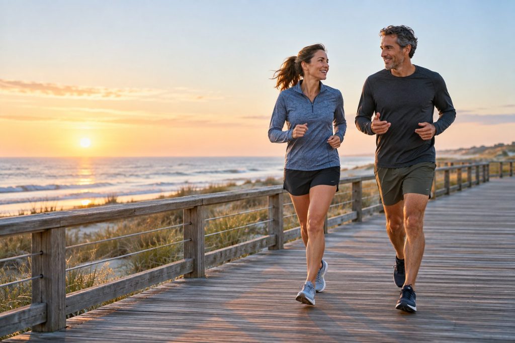 Two runners talking comfortably during an easy run on a coastal boardwalk at sunrise