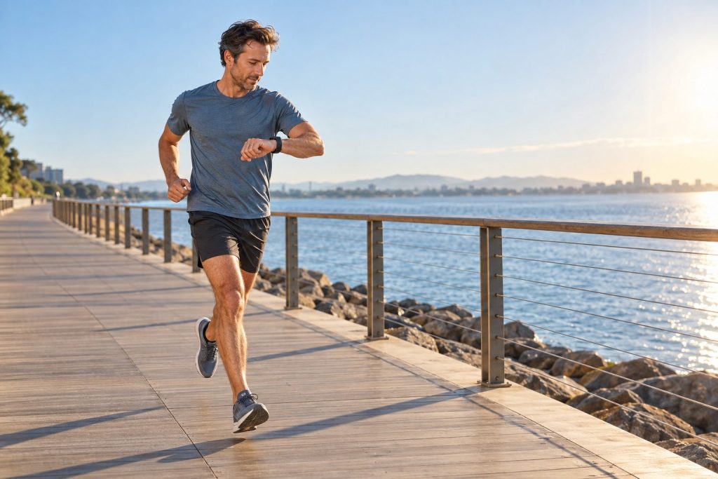 Runner checking a sports watch during a steady waterfront run