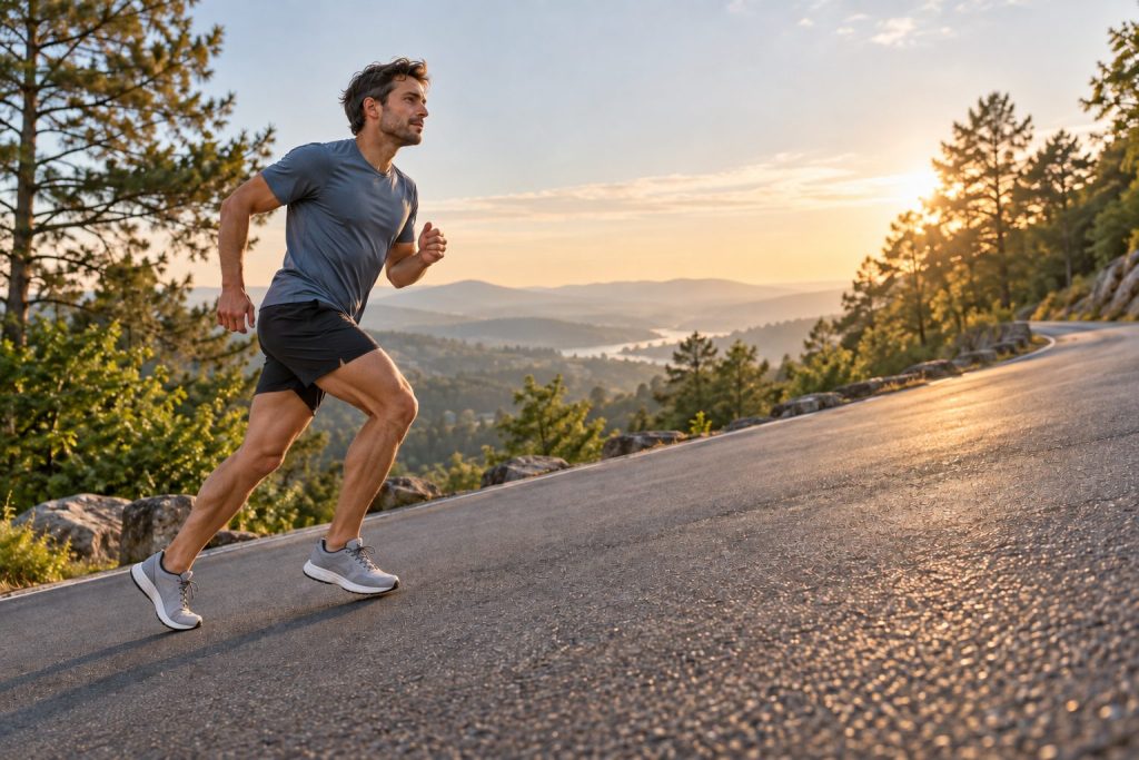 Runner performing a controlled hill repeat on a moderate paved incline