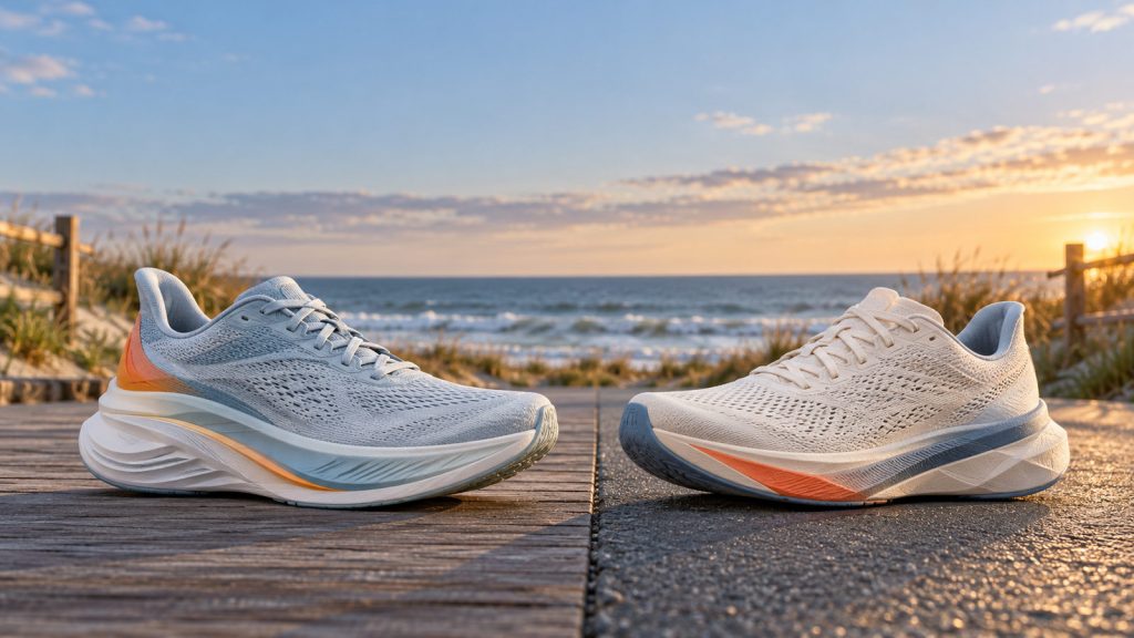 Two lightweight running shoes side by side on a coastal boardwalk at sunrise