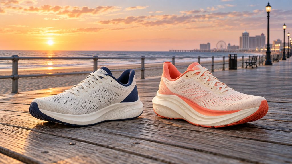 Editorial illustration of two lightweight road running shoes on an Atlantic City boardwalk at sunrise