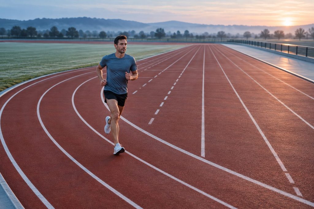 Distance runner holding a controlled even pace on an empty track at dawn