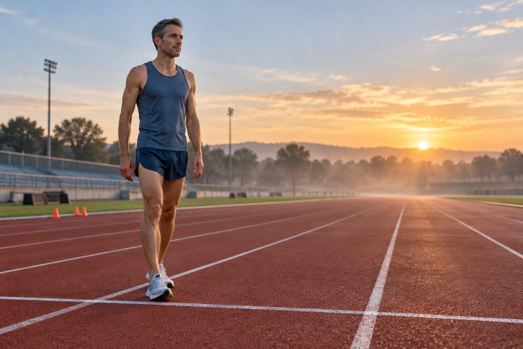 Fresh and focused distance runner standing at a track start line at sunrise before a goal race