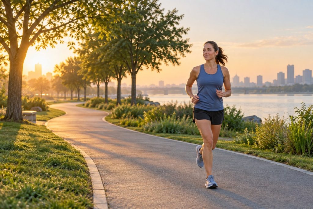 Runner building mileage with a relaxed easy run on a long park path