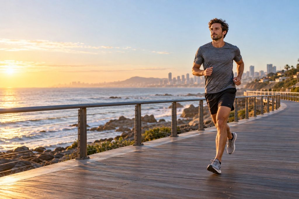 Intermediate runner completing a controlled half marathon training run on a coastal boardwalk