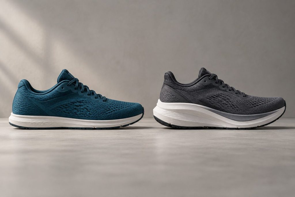 Low-drop and high-drop running shoes shown side by side in profile