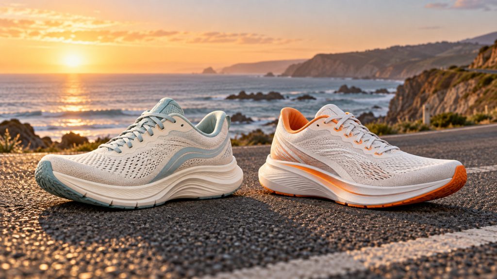 Editorial illustration of two lightweight road running shoes on a coastal road at sunrise