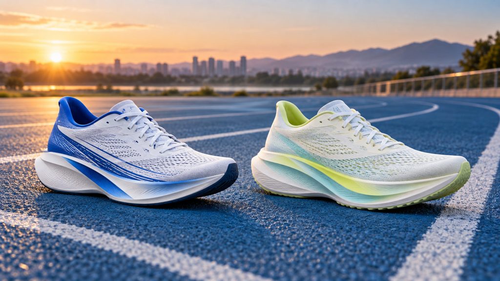 Editorial illustration of two elite road racing shoes on a blue running track at sunrise