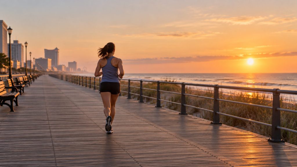 Runner on a quiet coastal boardwalk at sunrise