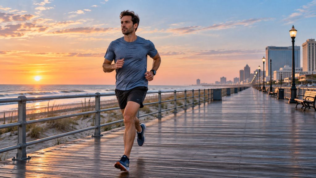 Runner holding a steady effort on a coastal boardwalk at sunrise