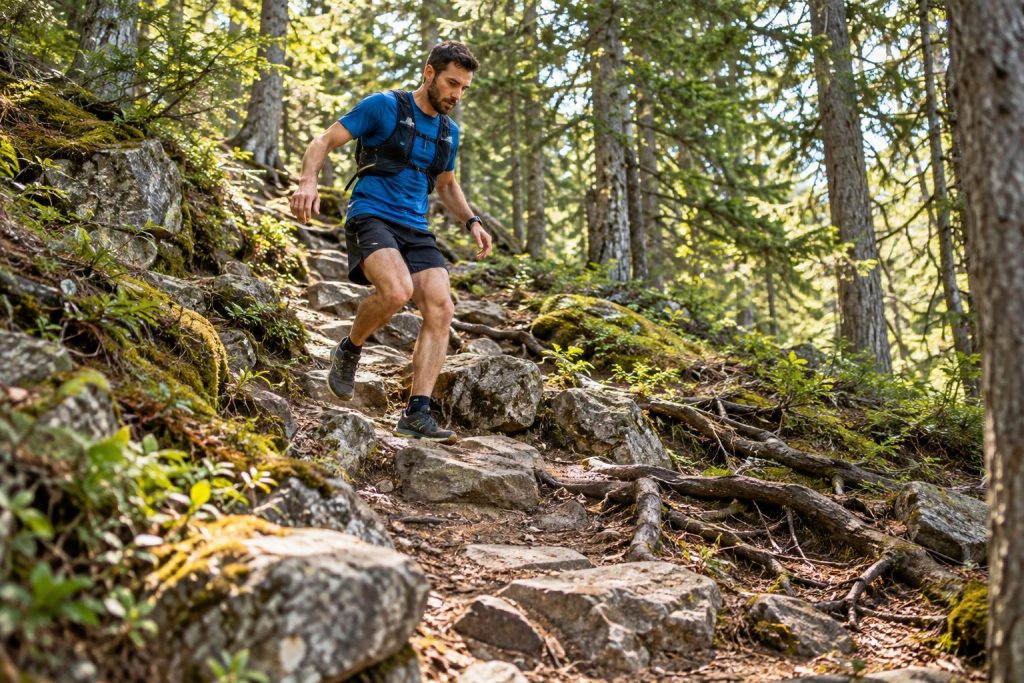 Runner placing a controlled step on a rocky, rooted forest descent