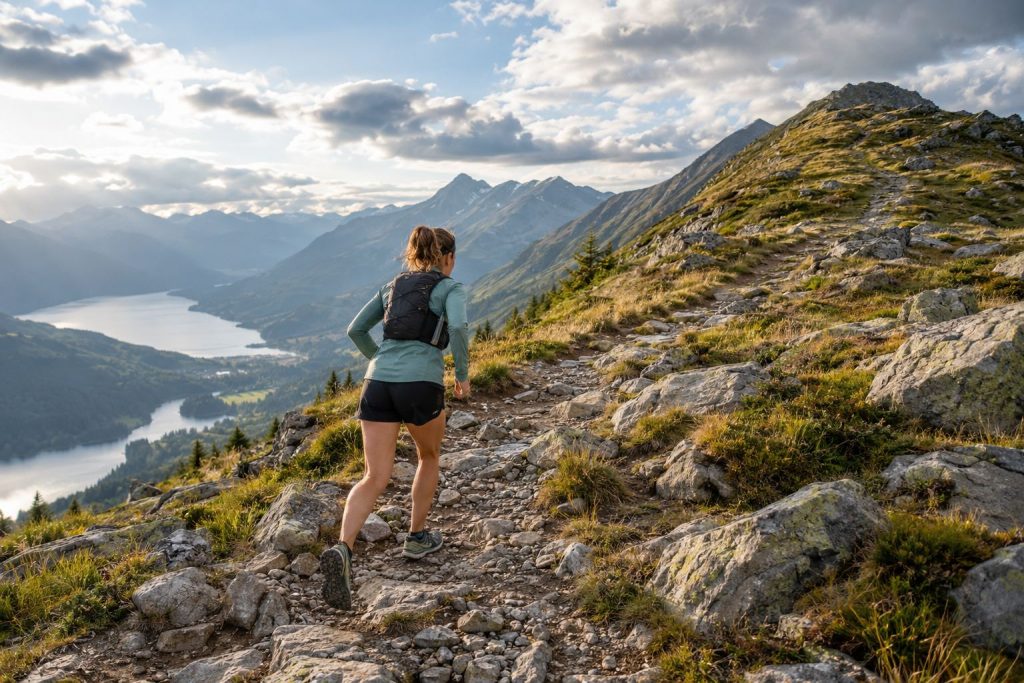 Trail runner moving steadily up a rocky mountain path beneath changing clouds
