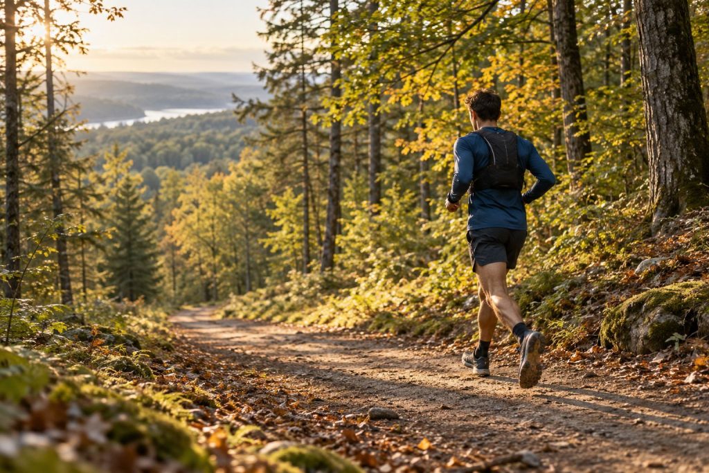 Runner taking controlled steps down a gentle woodland trail in morning light