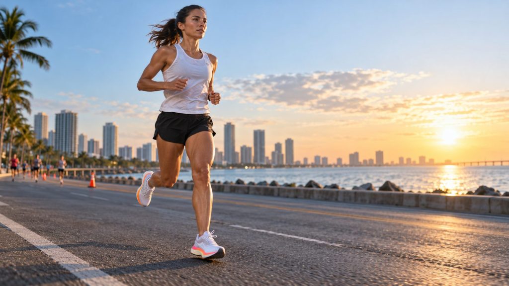 Runner racing in the best half marathon running shoes on a coastal road