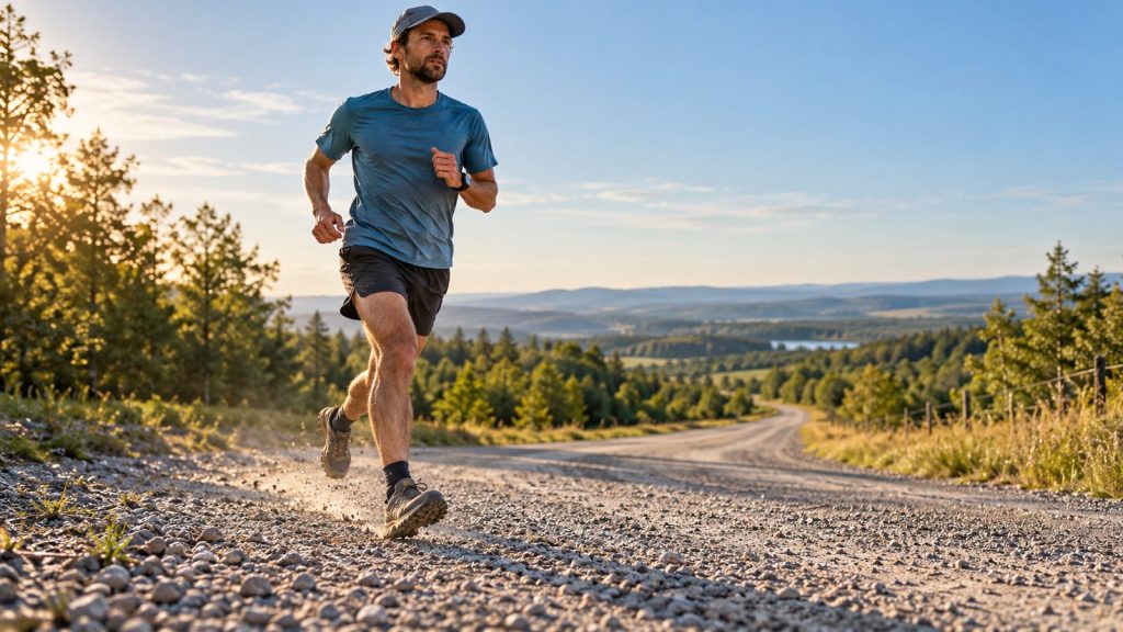 Runner testing the best running shoes for gravel roads on a rural route