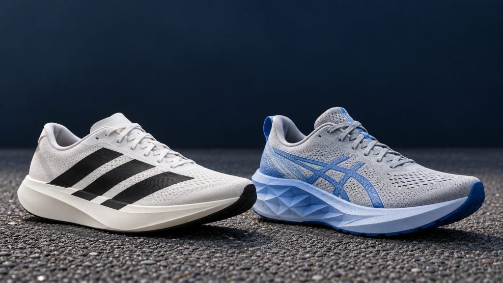 Editorial comparison image of two road running shoes representing adidas EVO SL and ASICS Novablast 5