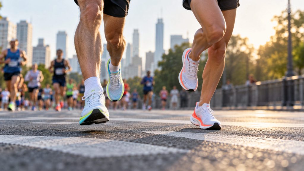Runners in unbranded racing shoes on a city road, illustrating a 5K and 10K race-shoe guide