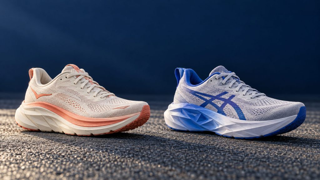 Editorial illustration of a HOKA Clifton 10 style running shoe beside an ASICS Novablast 6 style running shoe