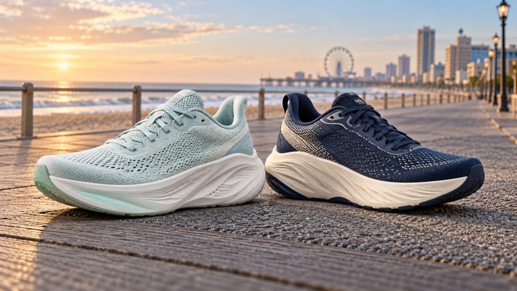 Editorial illustration of a roomy New Balance 1080 v15 style trainer beside a structured Brooks Glycerin 23 style trainer
