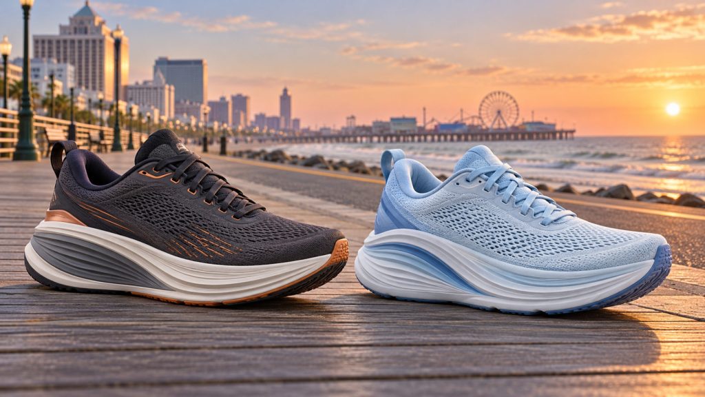 Editorial illustration of a Vomero 18 style road shoe beside a Gel-Nimbus 28 style road shoe