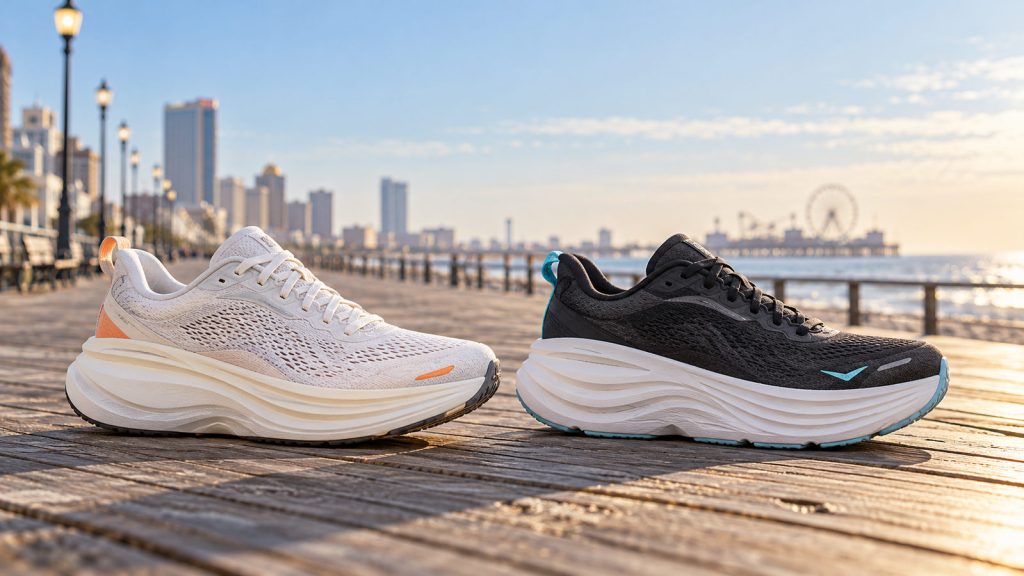 Editorial image comparing Nike Vomero 18 style and HOKA Bondi 9 style cushioned road running shoes on a boardwalk