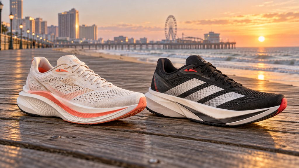 Editorial image comparing Saucony Endorphin Speed 5 style and adidas Adizero Boston 13 style running shoes on a boardwalk