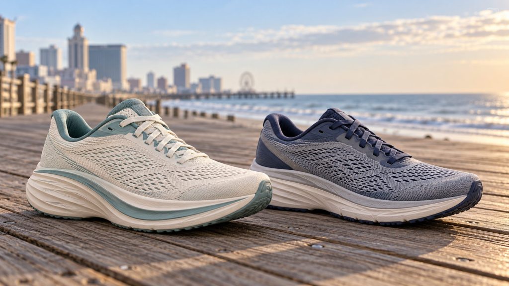 Editorial image comparing Saucony Ride 19 style and Brooks Ghost 18 style daily running shoes on a boardwalk