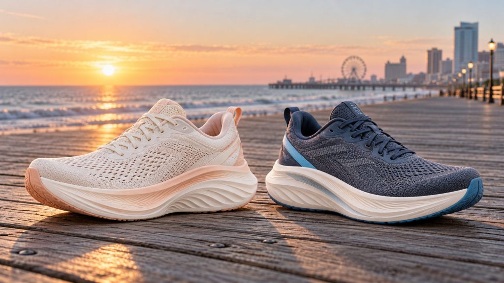 Editorial image comparing Saucony Triumph 24 style and ASICS Gel-Nimbus 28 style cushioned running shoes on a boardwalk