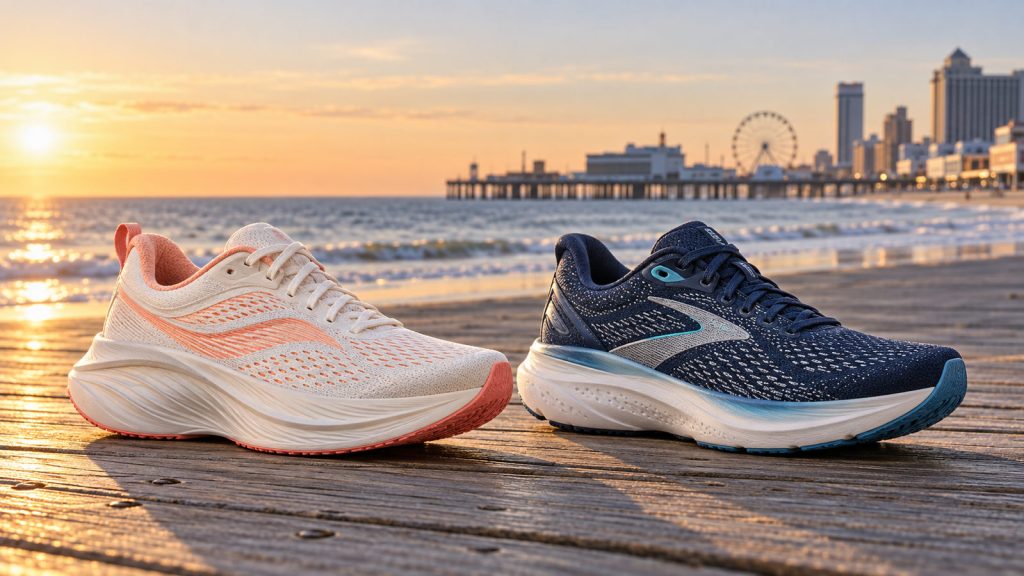 Editorial image comparing Saucony Triumph 24 style and Brooks Glycerin 23 style cushioned running shoes on a boardwalk