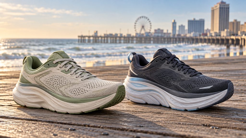 Editorial image comparing Topo Athletic Atmos 2 style and HOKA Bondi 9 style cushioned running shoes on a boardwalk