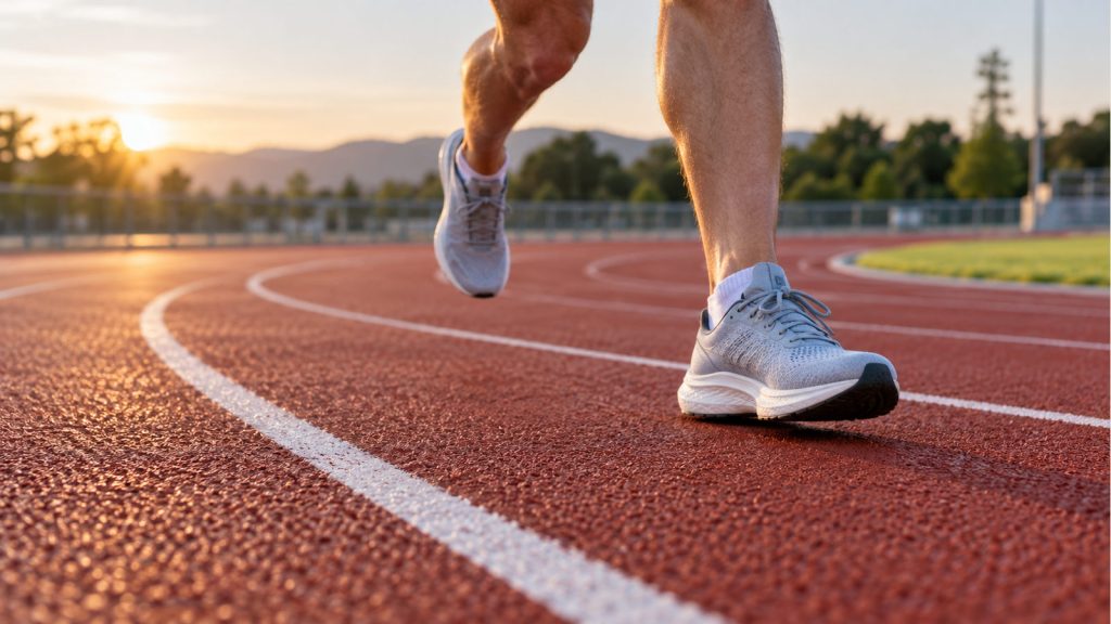 Runner in unbranded road-running shoes taking a bend on an outdoor track at sunrise