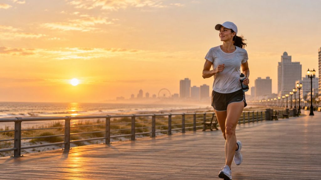 Runner carrying water on a seaside boardwalk at summer sunrise