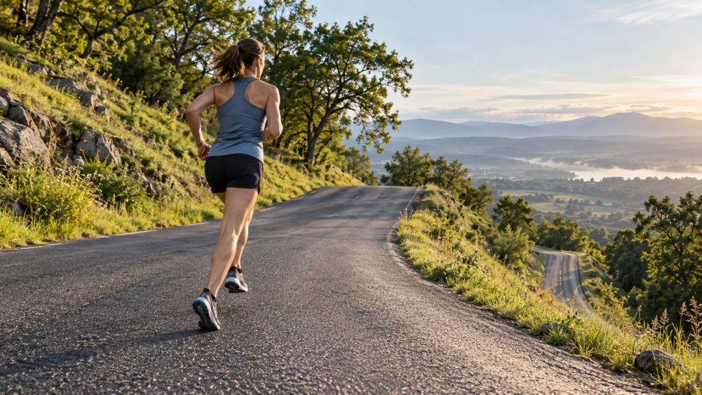 Runner climbing a quiet winding road toward a crest with a descent visible beyond