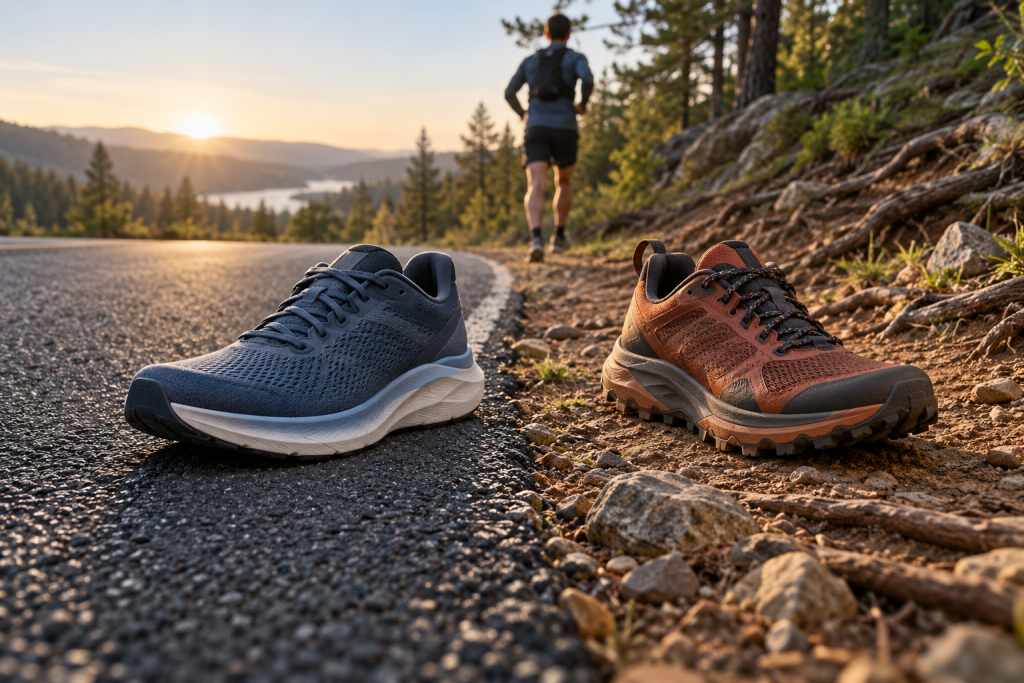 Road running shoe on asphalt beside a lugged trail running shoe on rocky dirt