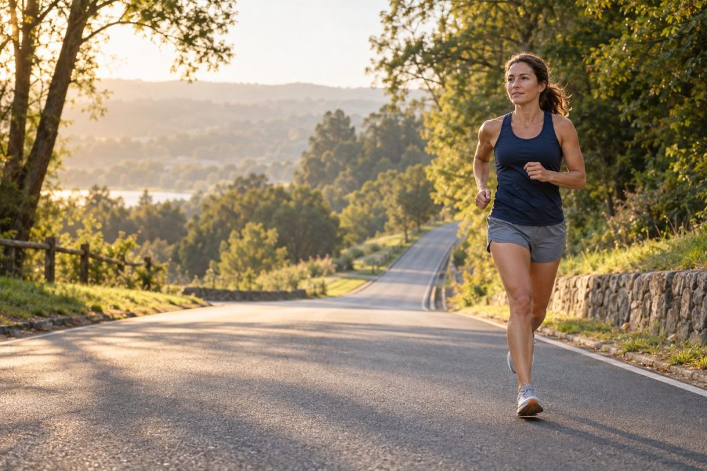 Runner using perceived effort on a gently rolling park road