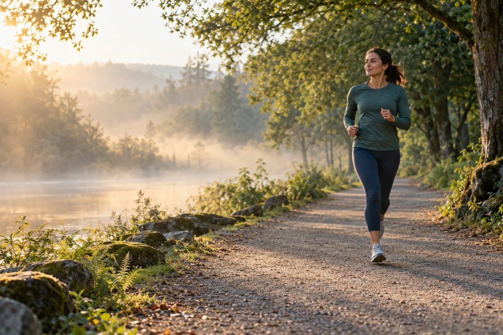 Runner easing back into training on a quiet park path at sunrise