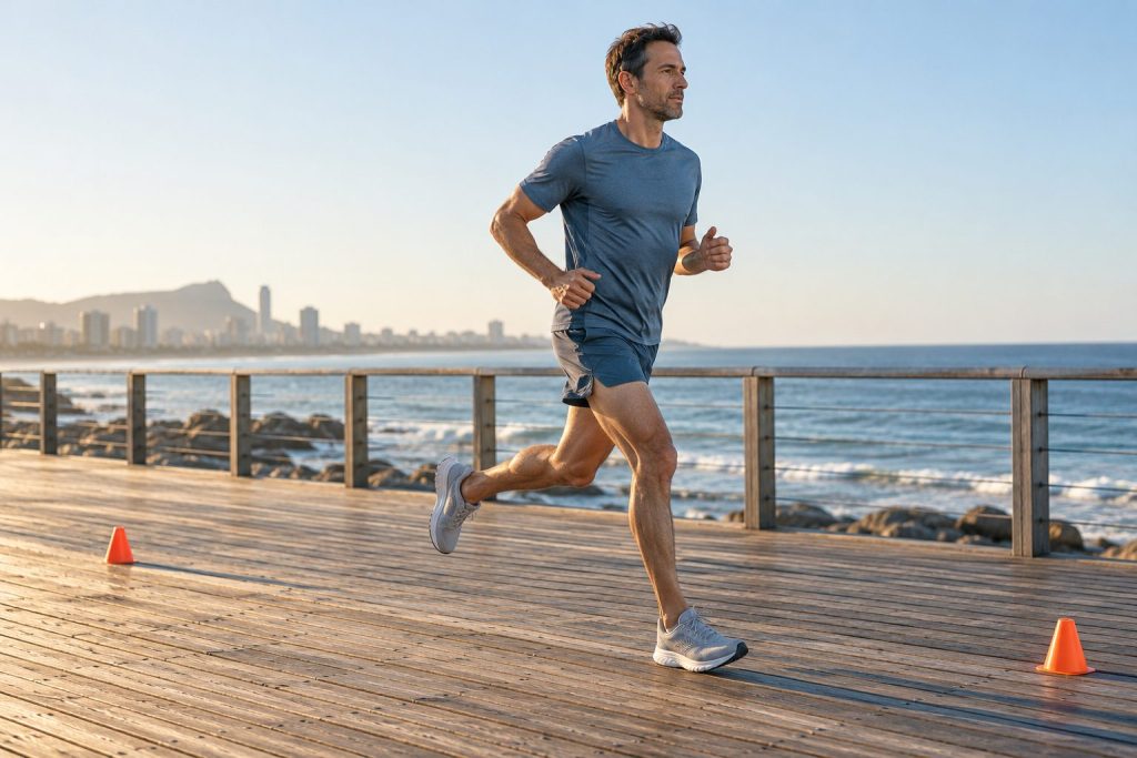 Distance runner performing a relaxed controlled stride between training cones on a coastal boardwalk
