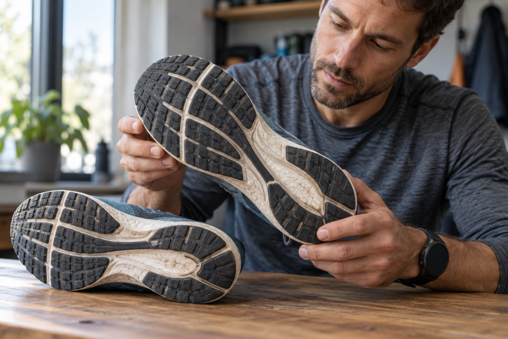 Runner inspecting the rubber coverage, tread and wear on two running shoe outsoles