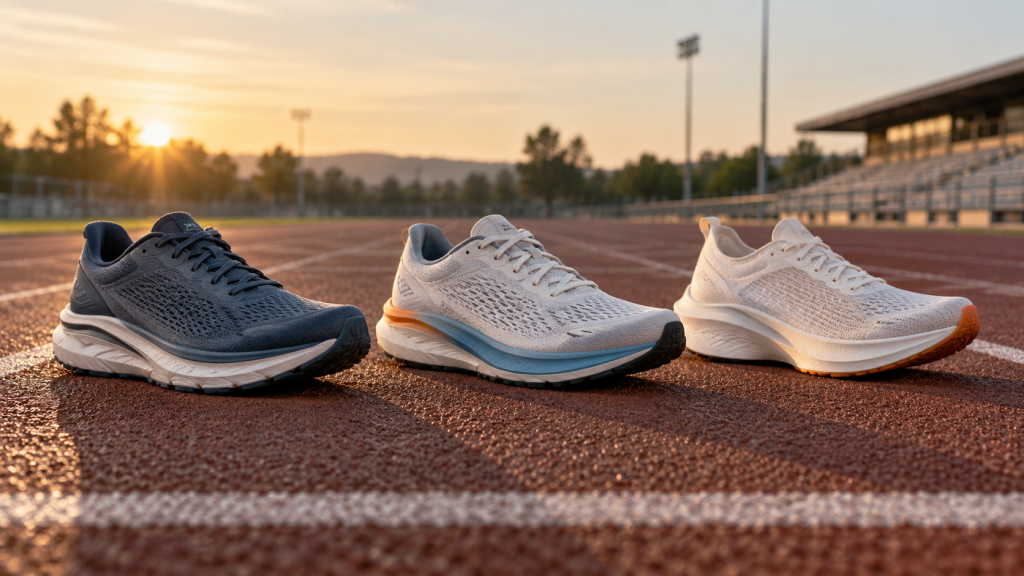 Three unbranded running shoes arranged as a daily, tempo, and race rotation on an outdoor track