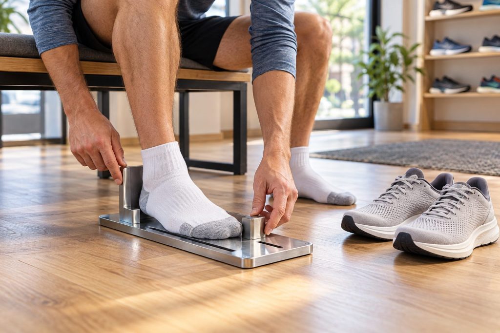 Runner measuring a socked foot with a metal sizing device beside unbranded running shoes
