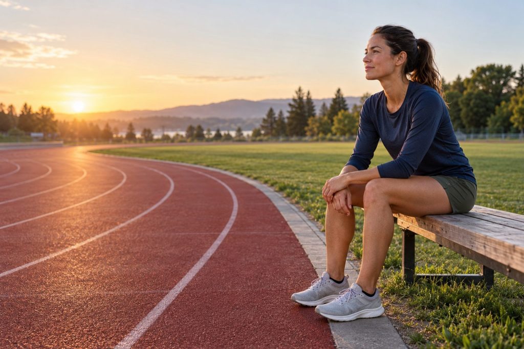 Runner taking a planned rest day beside an empty track at sunrise