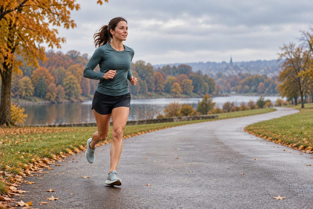 Distance runner holding a controlled steady effort on a quiet autumn park path