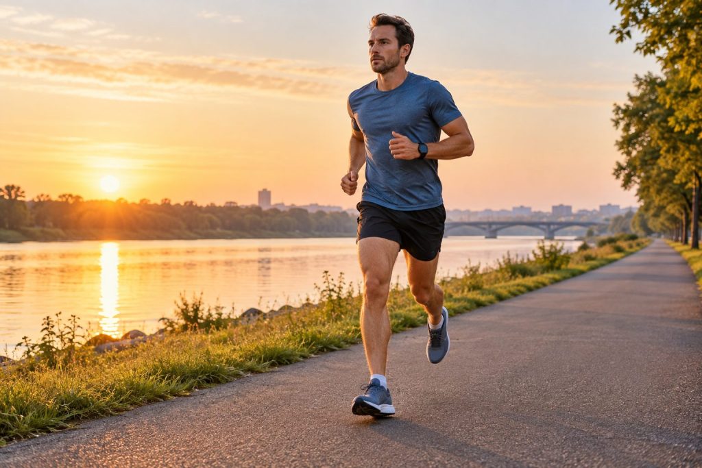 Distance runner holding a controlled threshold effort on a flat riverside path at sunrise