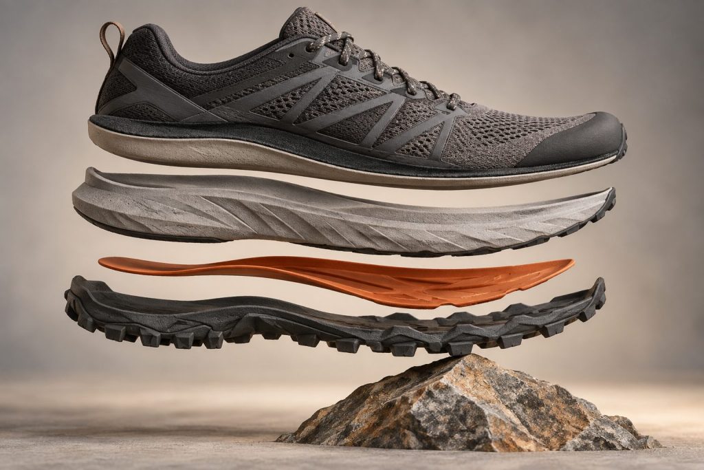 Exploded trail shoe cutaway showing an orange rock plate between midsole and lugged outsole above a sharp rock