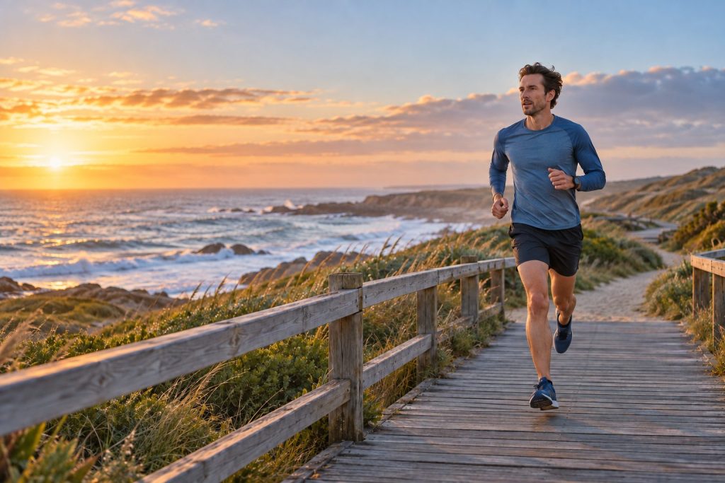 Runner holding a controlled effort on a coastal boardwalk without chasing watch pace
