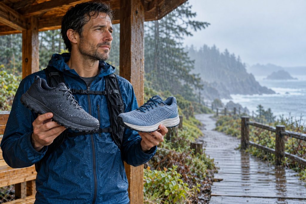 Runner comparing a water-beaded waterproof shoe with an open-mesh breathable running shoe before a rainy run