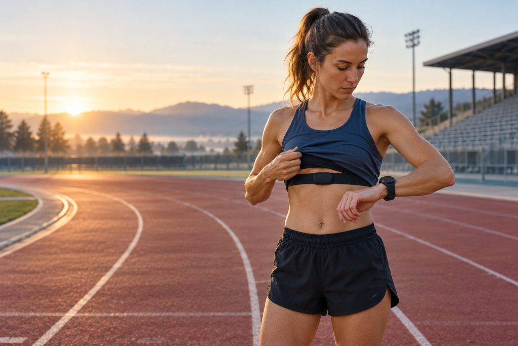 Runner comparing a wrist watch and chest heart rate monitor before a track workout